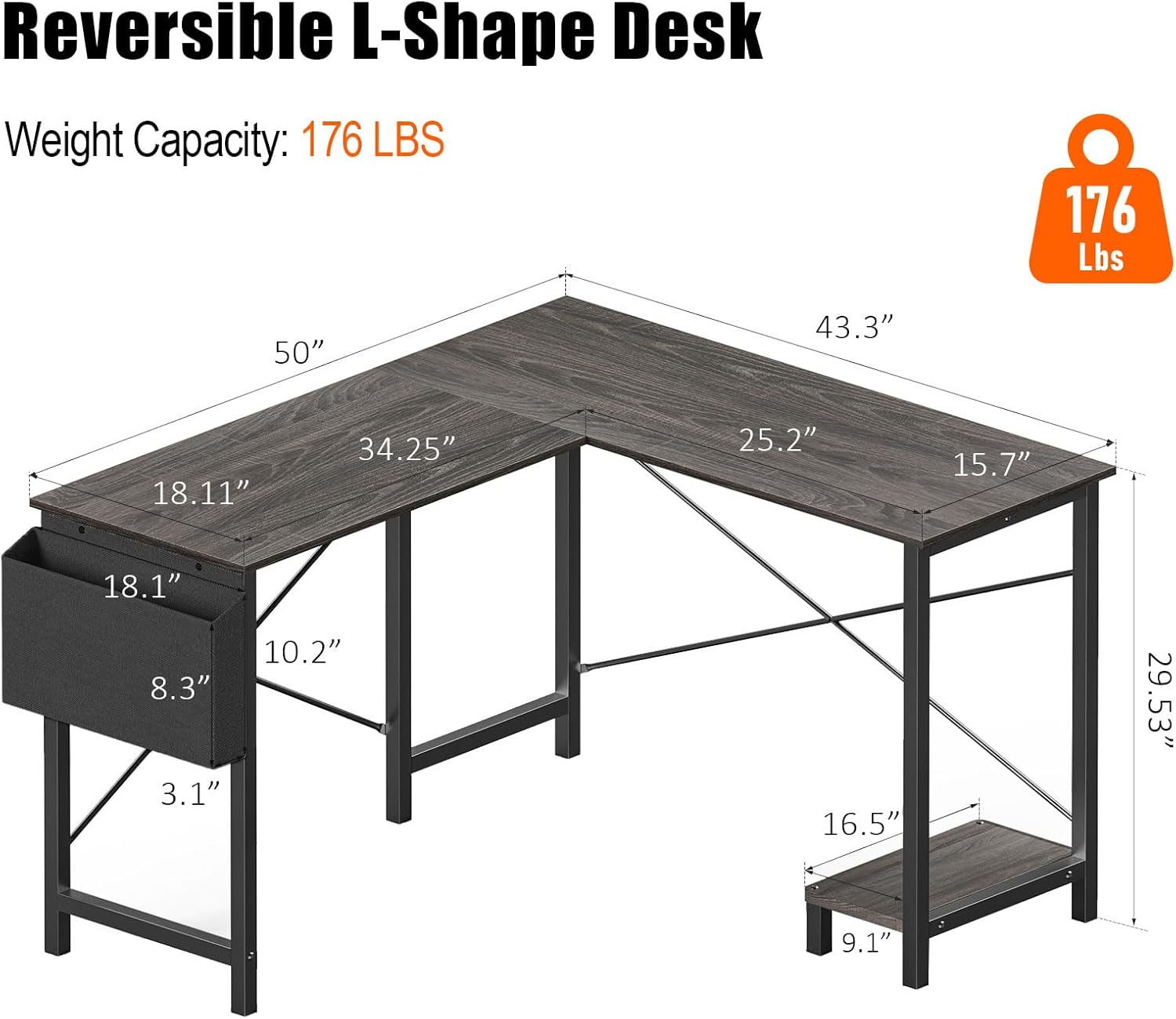 Grey 50 Inch Corner Computer Desk with CPU Stand V6139