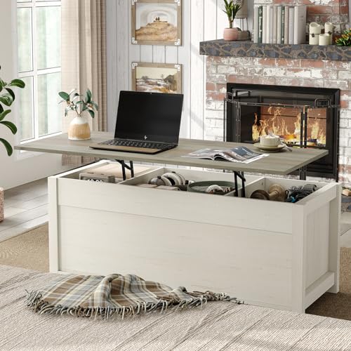47.3'' White Rustic Brown Rectangular Lift Top Coffee Table with Storage F338