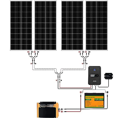 1.6KWH Complete Solar Panel Kit 400W 12V with 40A MPPT Charge Controller, 12V 100Ah Lithium Battery, 1100W Solar Power Inverter, Bluetooth Module Q4449