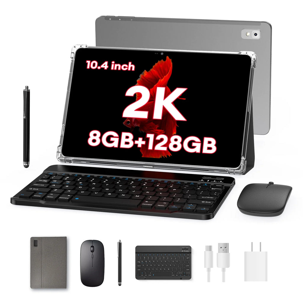 Android Tablet with Keyboard, FHD 2K Display 10.4 Inch 2 in 1 Tablet, Octa Core Gaming Tablet with Case Mouse Stylus, 7000mAh Battery Fast Charge, 20MP Camera, 2.4G/5G WiFi Tablet Q220