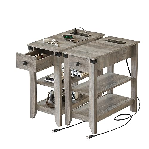 Set of 2 Narrow Side Table with Charging Station and Storage Drawer Rustic Grey Z638692
