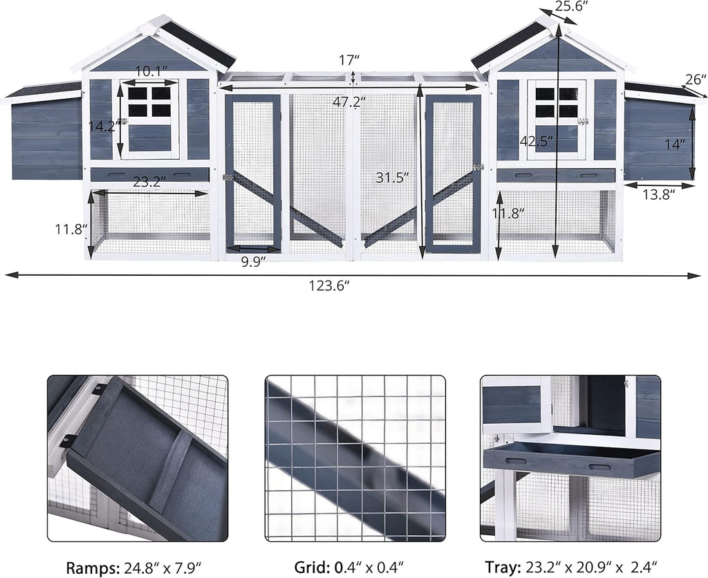 Chicken Coop Hen House Poultry Cage Wooden Rabbit Hutch Small Animal House with Nesting Boxes, 2 Run Play Area, Ramps, Waterproof Roof & Pull Out Tray J314