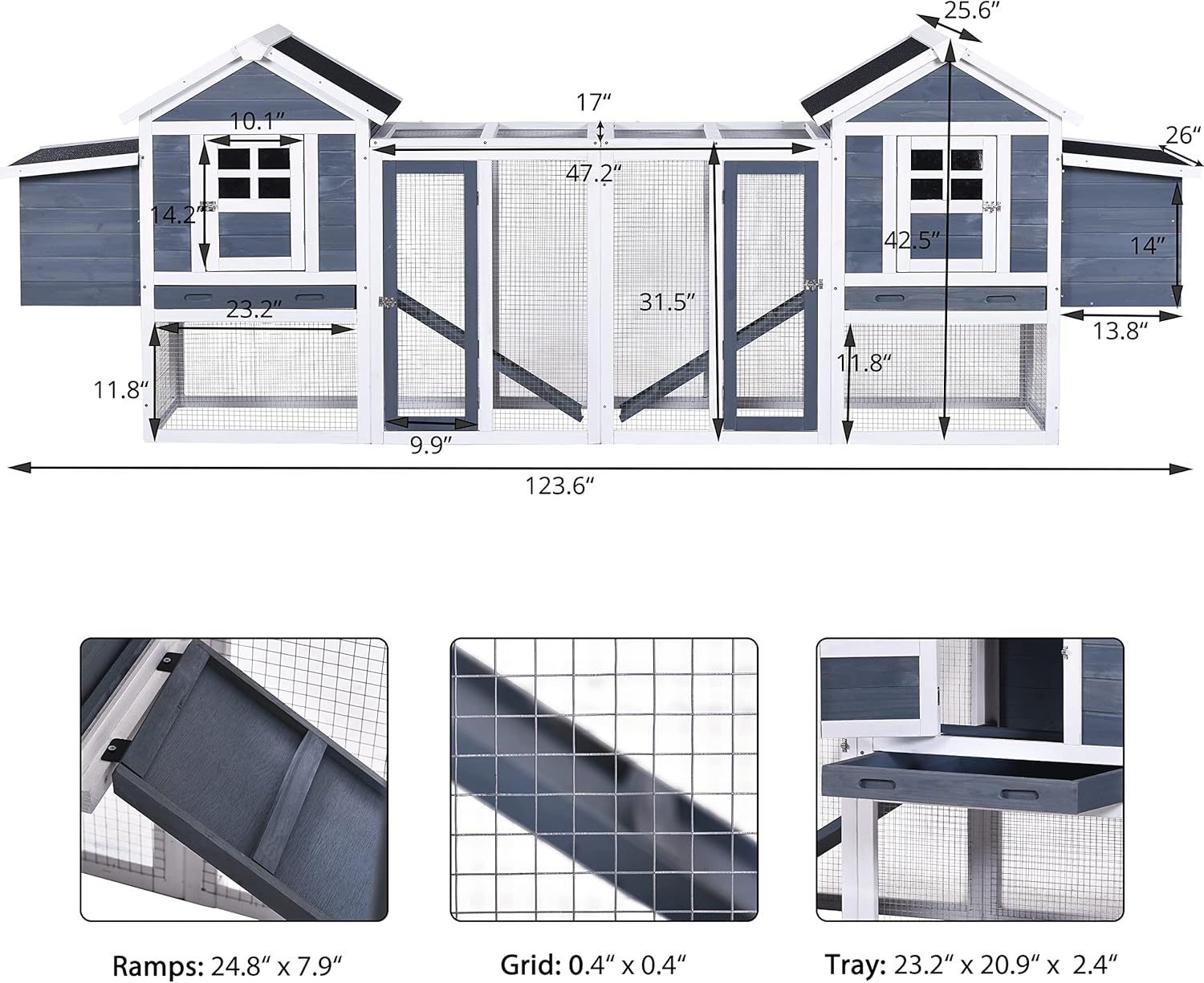 Chicken Coop Hen House Poultry Cage Wooden Rabbit Hutch Small Animal House with Nesting Boxes, 2 Run Play Area, Ramps, Waterproof Roof & Pull Out Tray J314