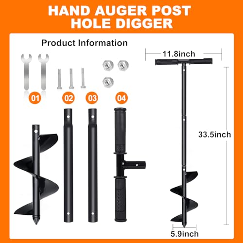 Manual Spiral Drill Bit Post Hole Digger 5.9"x33" with Non-Slip Handle H851
