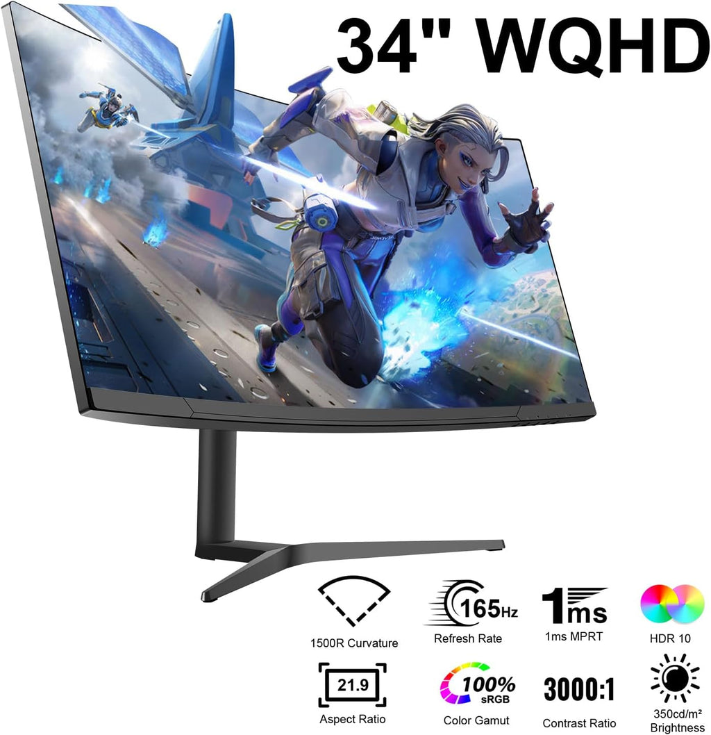 34" Curved WQHD 3440×1440 Gaming Monitor 165Hz 1ms 1500R HDR 10 100% sRGB PC Screen R153818