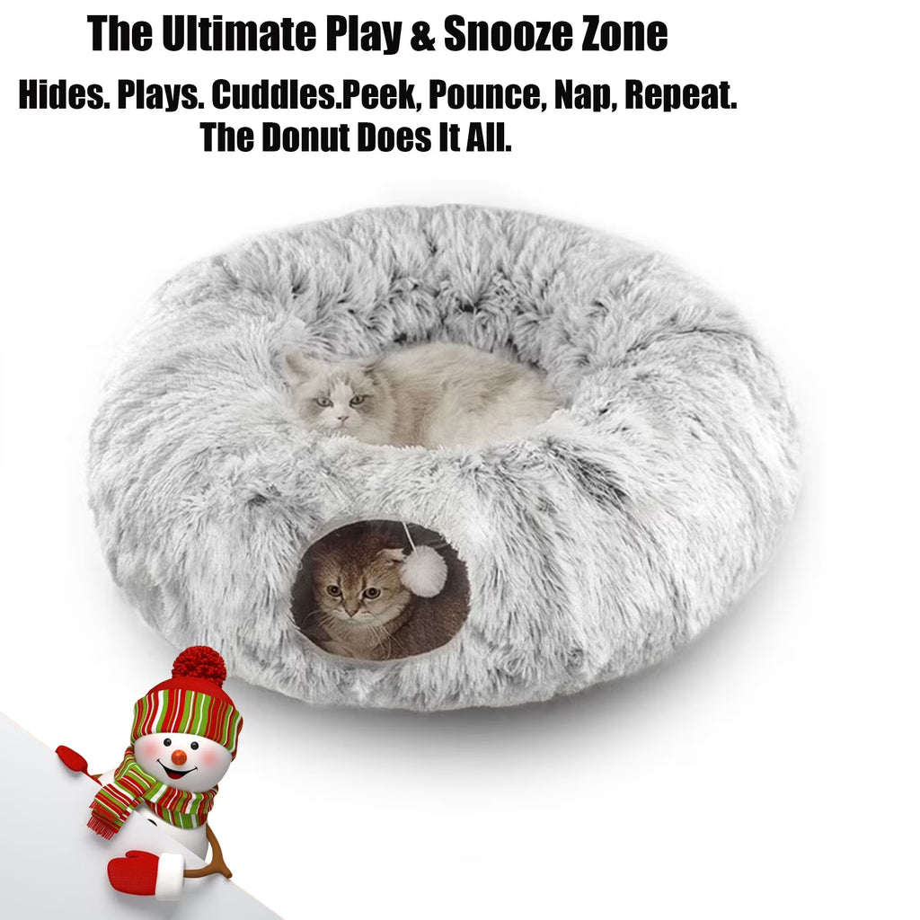 Grey Plush Cat Tunnel with Cat Bed L163