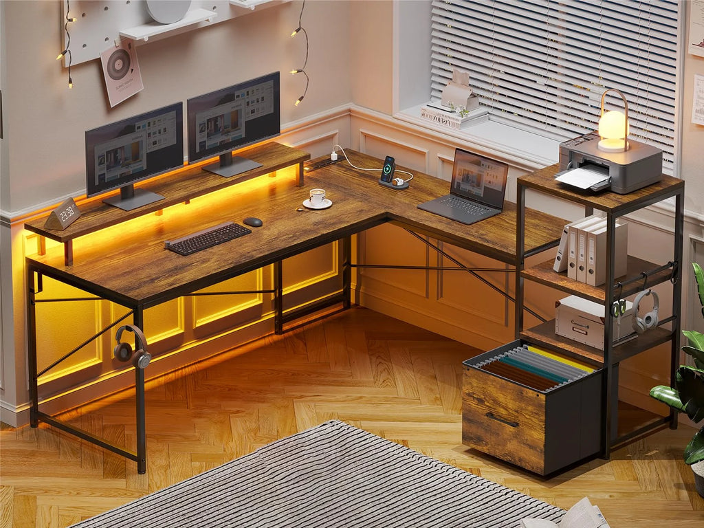 Rustic Brown L Shaped Desk with Power Outlets and LED Lights and Fabric File Drawer U501