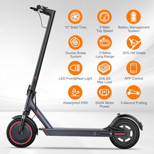 Folding Electric Scooter with 10" Solid Tires, 500W Motor, 22 Miles Long Range P4484