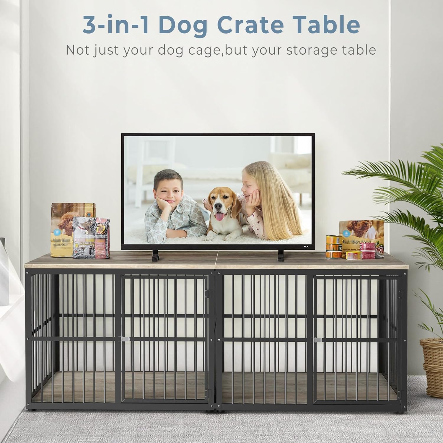 Dog Crate Furniture Large Breed TV Stand with Double Rooms Wooden Dog Kennel with Removable Divider N1222
