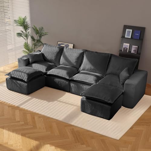 Modular Sectional Sofa with L-Shape Chaise, Soft Corduroy Black J979