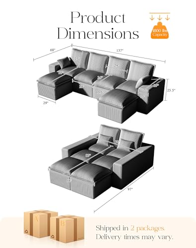 Modular Sectional Sofa with L-Shape Chaise, Soft Corduroy Black J979