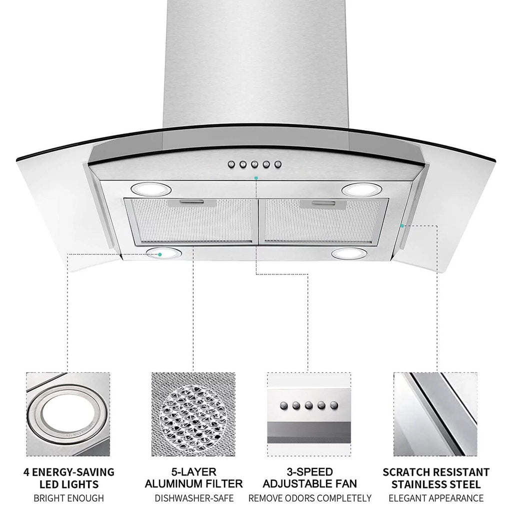 30 inch Island Mount Range Hood 900CFM Tempered Glass Stainless Steel M373