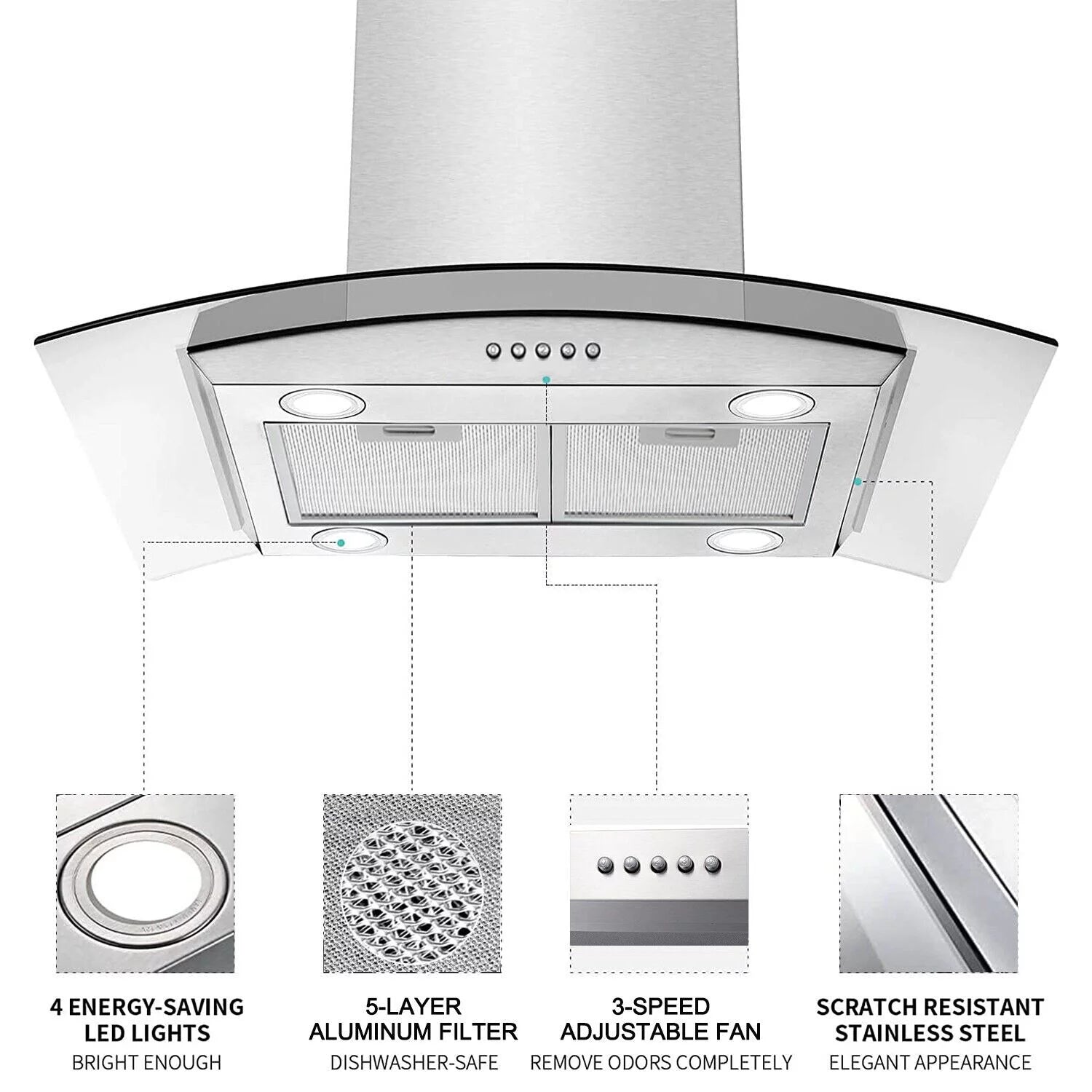 30 inch Island Mount Range Hood 900CFM Tempered Glass Stainless Steel M373