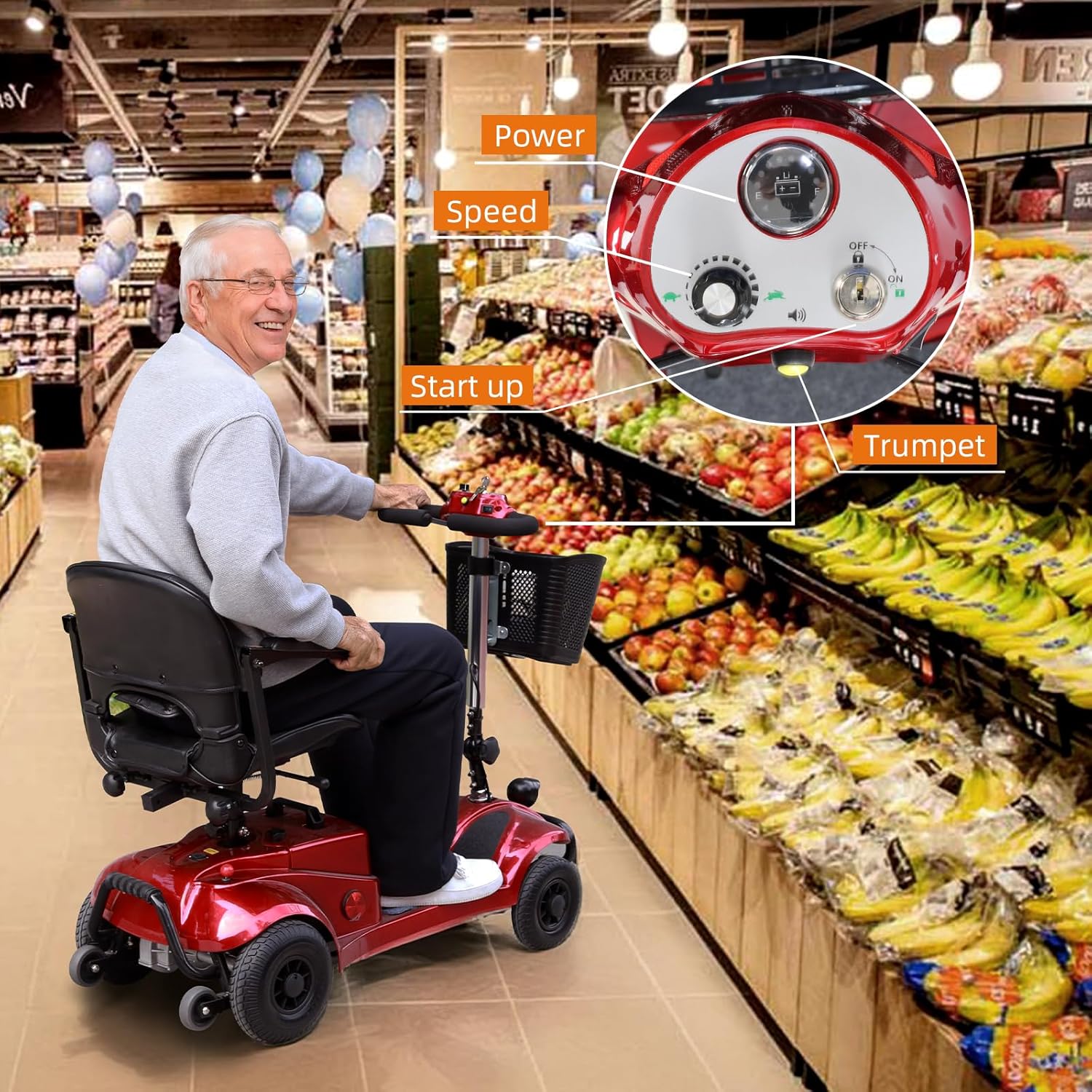Red Foldable 4 Wheel Mobility Scooter with Basket and Light P832494