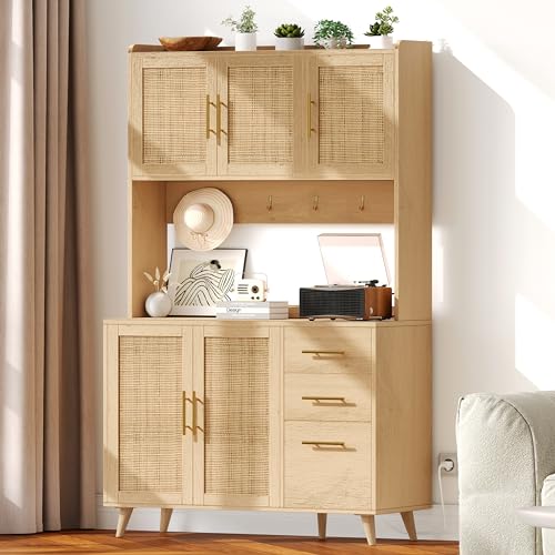 Black and Natural Tall Kitchen Pantry Cabinet with Microwave Shelf and Charging Station V384375