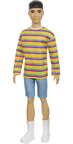 Barbie Ken Fashionistas Doll with Brunette Hair in Striped Shirt, Denim Shorts and White Boots P47878