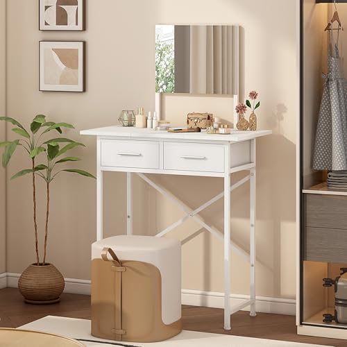 White Compact Vanity Desk with Mirror and Drawers V6579
