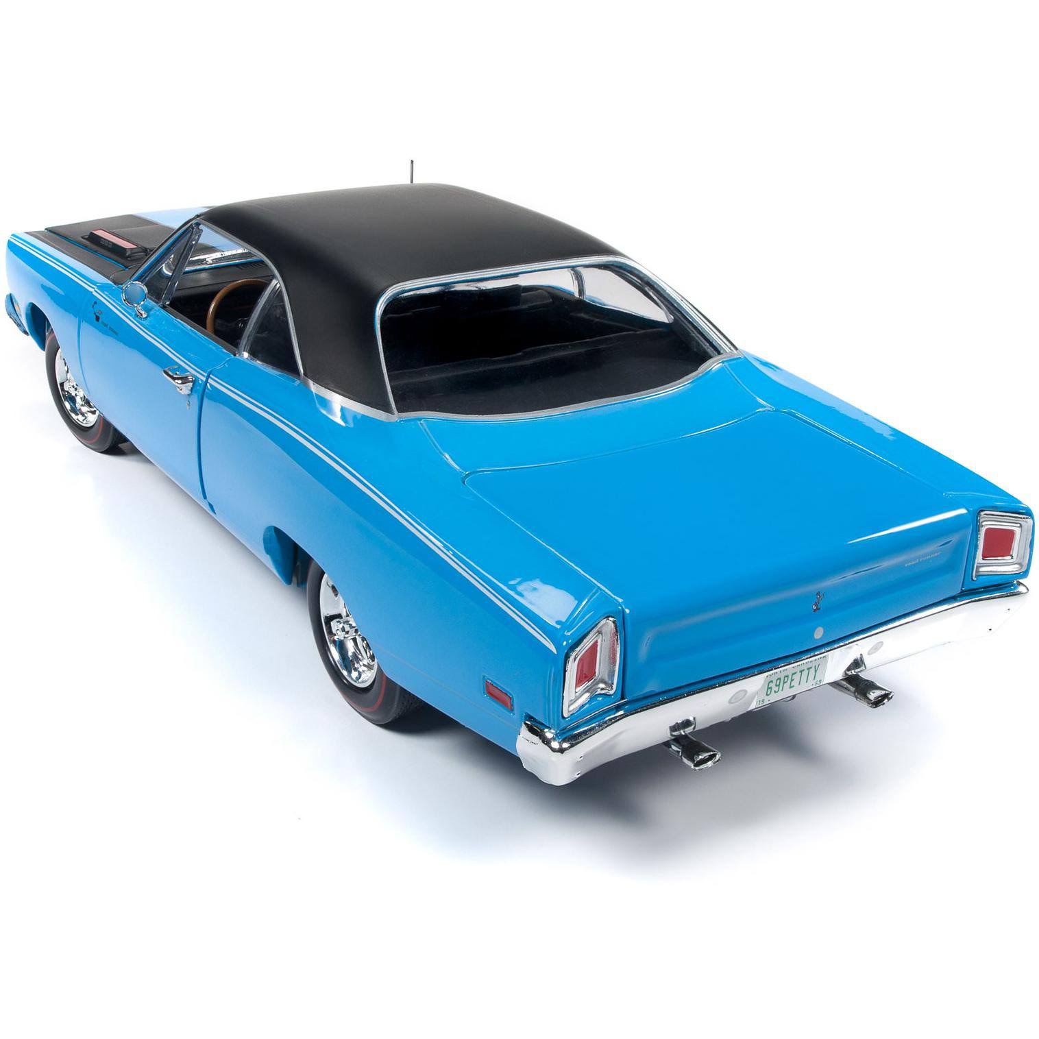 1969 Plymouth Road Runner Hardtop Petty Blue with Black Top and Black Stripes 1/18 Diecast Car G902