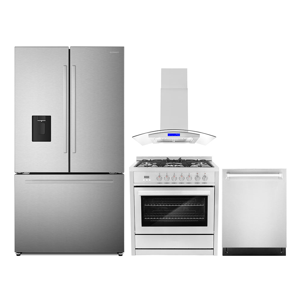 4 Piece Kitchen Package with 36" Freestanding Dual Fuel Range 36" Island Range Hood 24" Built-in Fully Integrated Dishwasher & French Door Refrigerator D13895