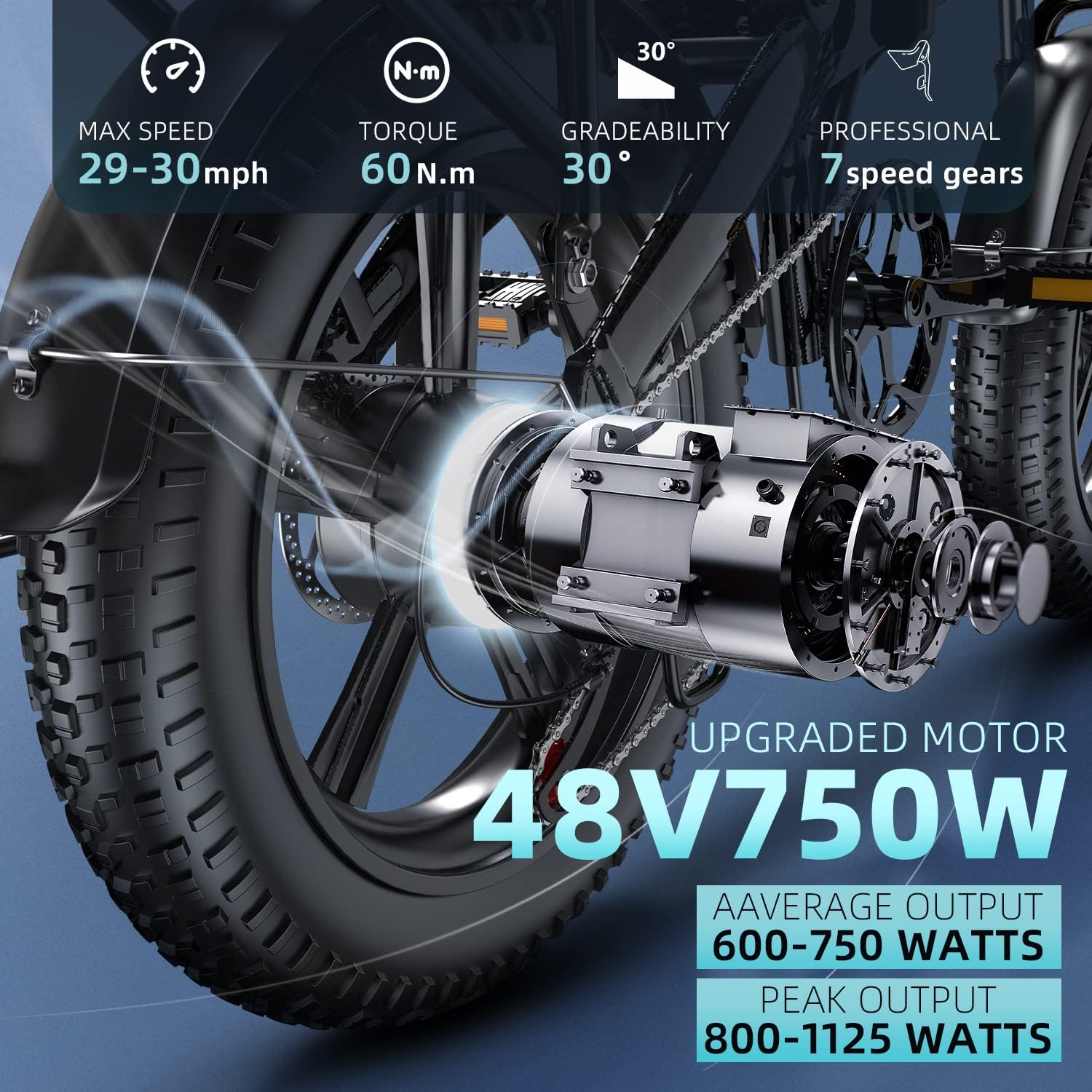 Folding Electric Bike, 48V18Ah/12.8ah Removable Lithium Battery, 750W Motor, 20" Fat Tire, Shimano 7-Speed, Dual Shock Absorber R260