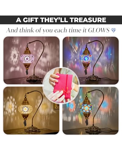 Turkish Moroccan Mosaic Table Lamp Handcrafted Tiffany-Style Colorful Glass Swan Neck Bedside Desk Table Light Boho Artisan Accent Lighting 15" H Black White W746591