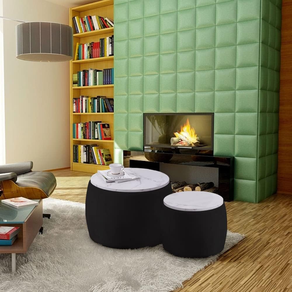 Black Round Coffee Table Set of 2 Nesting Storage Ottoman Velvet Fabric R958241