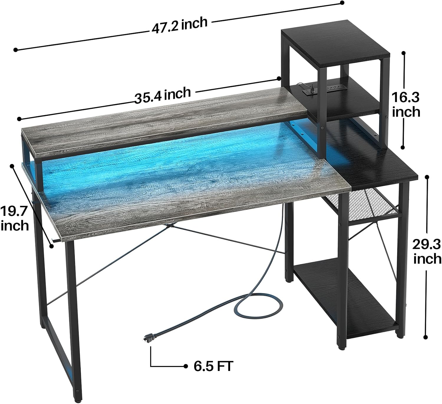 Grey Gaming Desk with LED and Storage Shelves Z589675