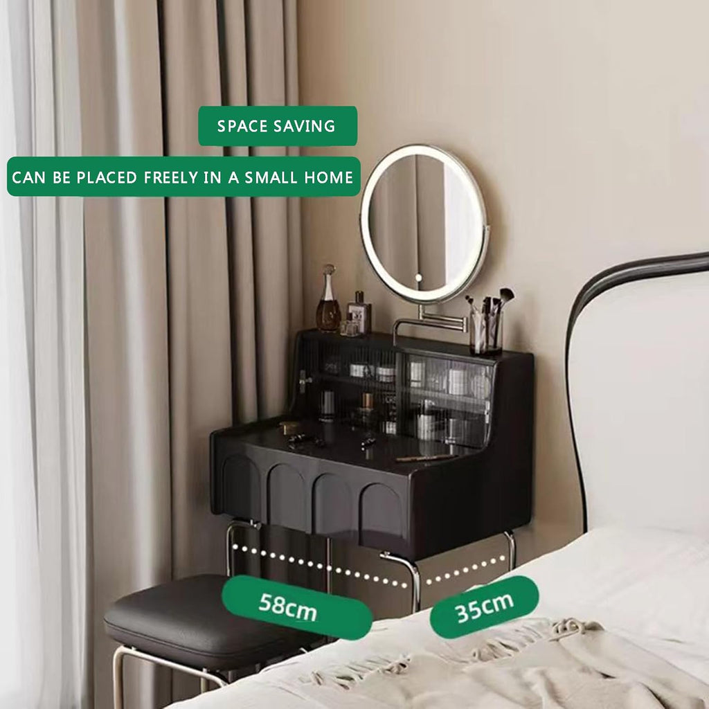 Black Compact Vanity Desk with 3 Adjustable Lighted Mirror and Storage Shelf F32956