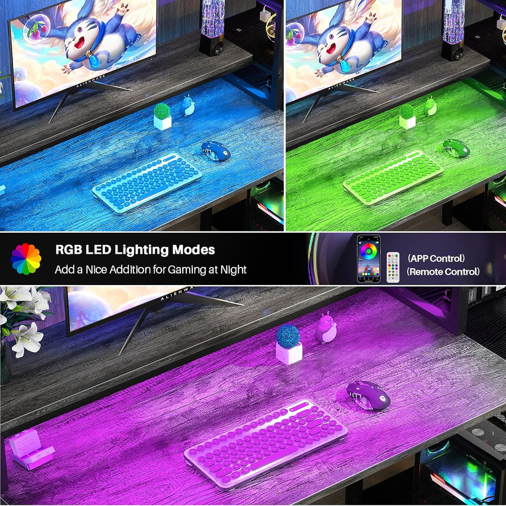Grey Gaming Desk with LED and Storage Shelves Z589675