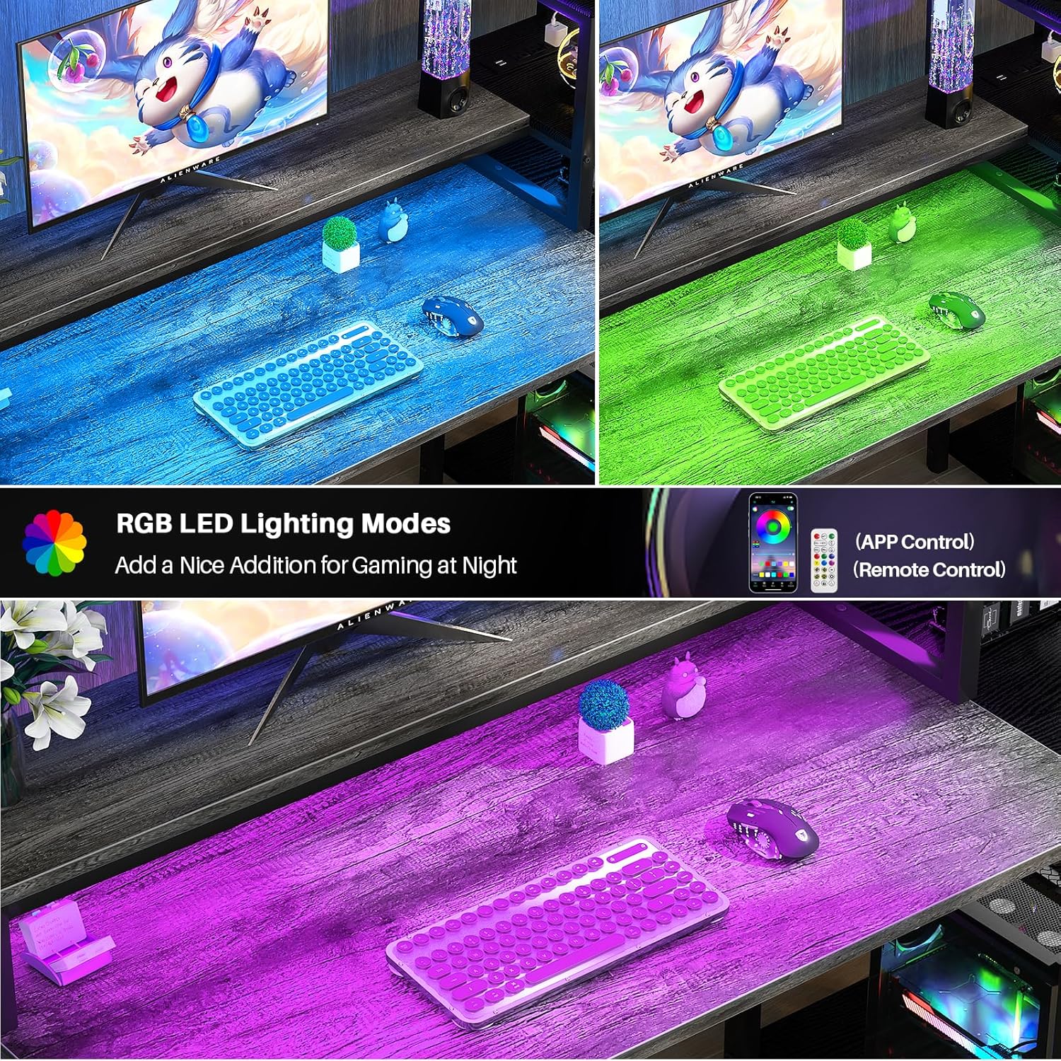 Grey Gaming Desk with LED and Storage Shelves Z589675