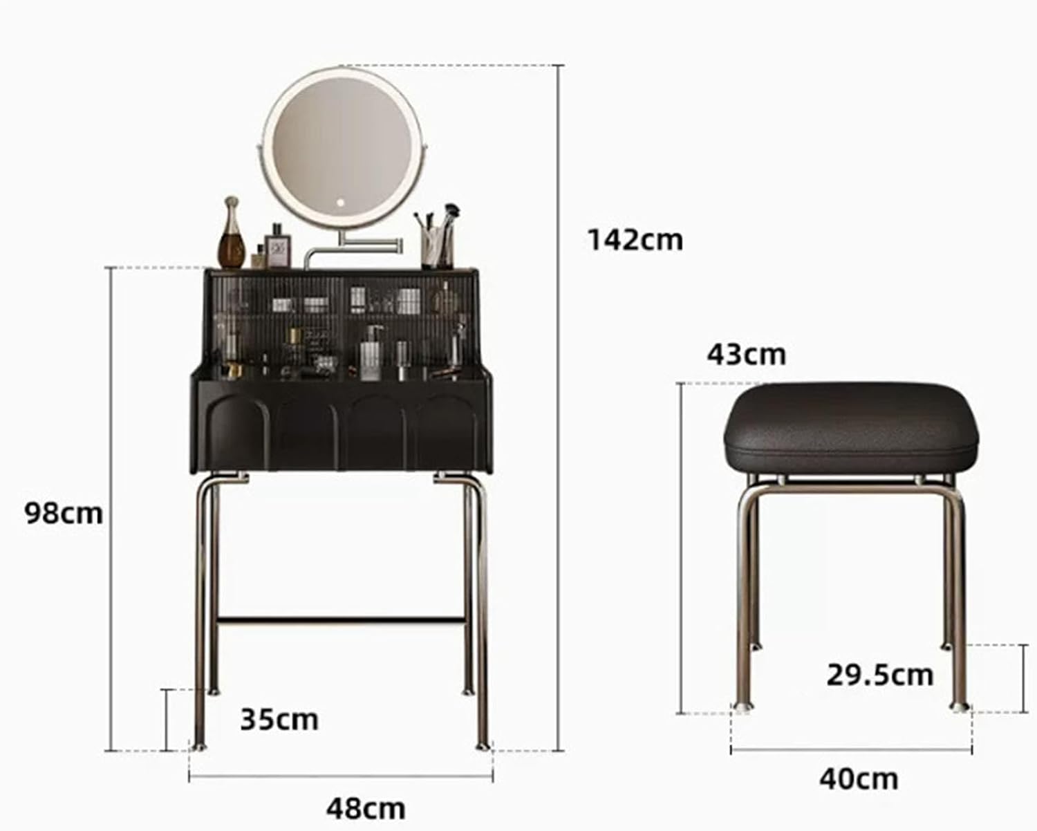 Black Compact Vanity Desk with 3 Adjustable Lighted Mirror and Storage Shelf F32956