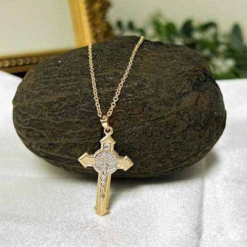 14k Two Tone Gold Saint Benedict Crucifix Cross Reversible Pendant L7991