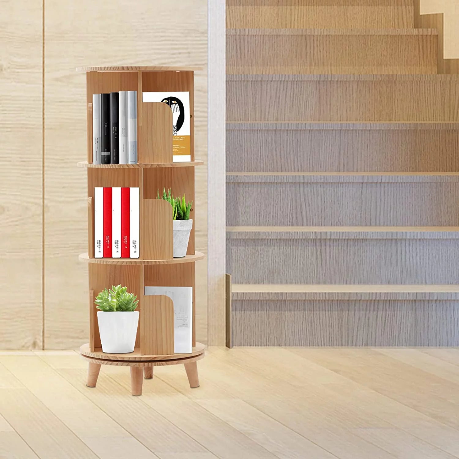 Wooden Rotating Bookshelf with 4 Legs Floor Standing Bookcase 3 Tiers M799757