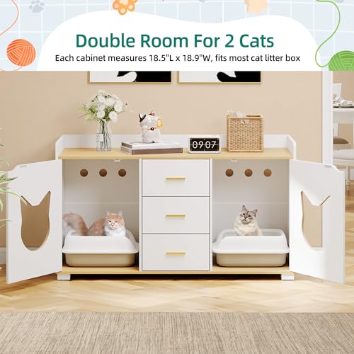 White Wooden Cat Litter Box Enclosure with Drawers, 55" L x 19.7" W x 31.5" H R3956