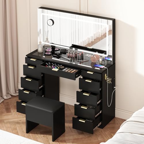 Vanity Desk with Sliding Lighted Mirror, Stool, 8 Storage Shelves, 5 Drawers, Charging Station L4156