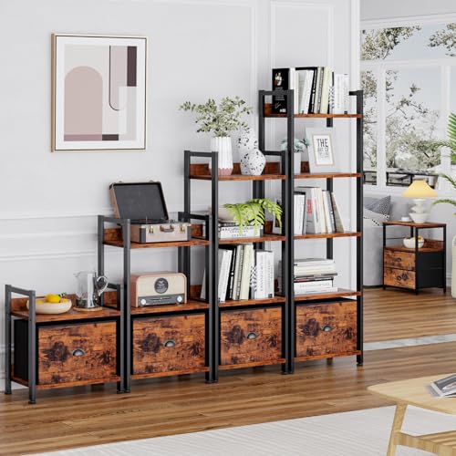 Black 5 Tier Bookshelf with Drawer, Tall Narrow Bookcase, Wood and Metal G573006