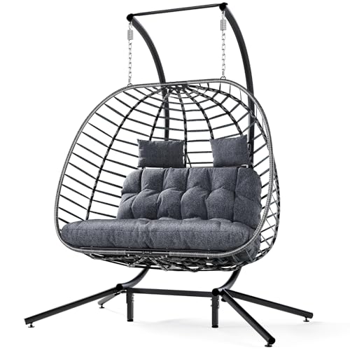 Double Egg Swing Chair with Stand, 2 Person Hanging Wicker Hammock Chairs with Cushion, Dark Grey E942