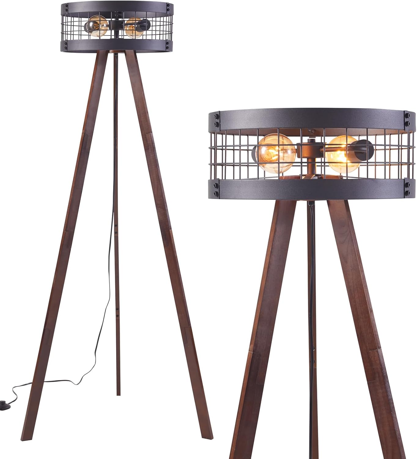 Wood Tripod Floor Lamp with Metal Drum Lamp Shade G830