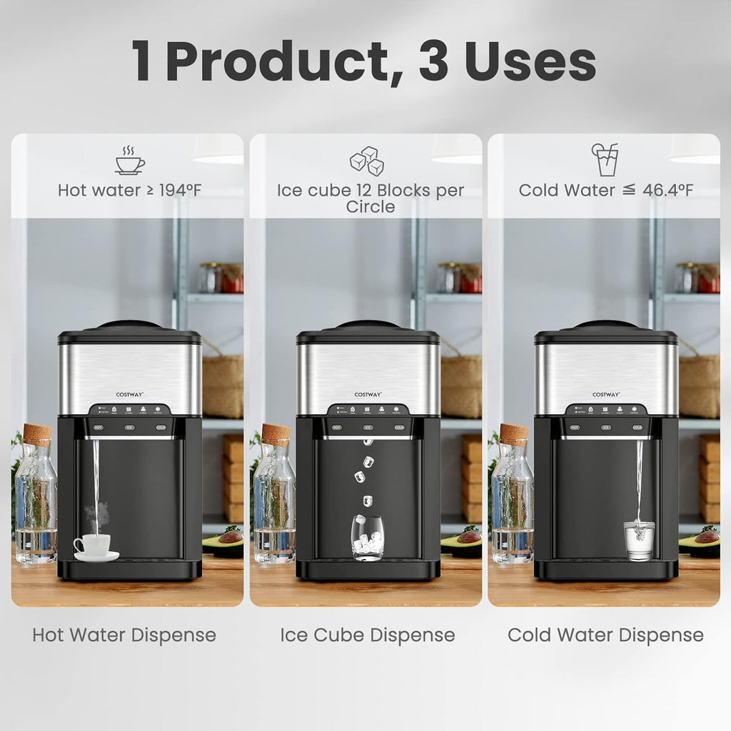 Water Dispenser with Ice Maker, 3-in-1 Countertop Top-Loading Hot Cold Water Cooler Machine, 48Lbs/24H, 12 Cubes, 4Lbs Storage Basket O16944