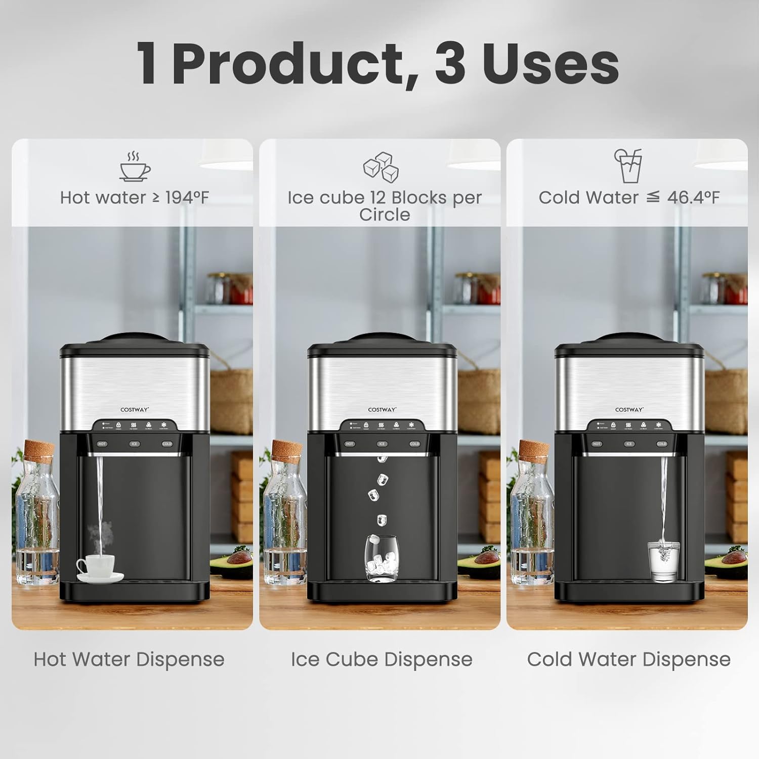 Water Dispenser with Ice Maker, 3-in-1 Countertop Top-Loading Hot Cold Water Cooler Machine, 48Lbs/24H, 12 Cubes, 4Lbs Storage Basket O16944