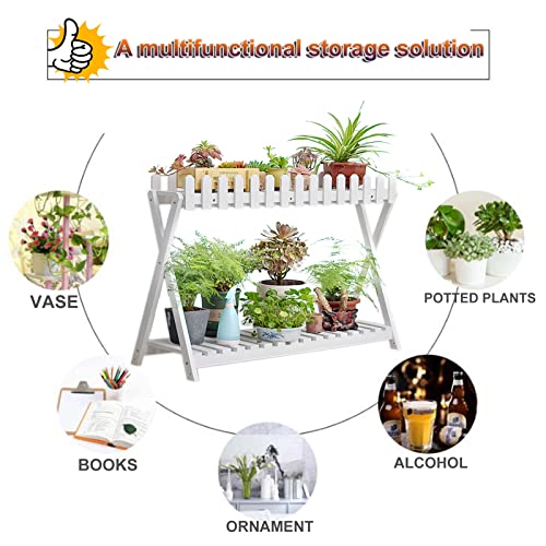2 Tier White Wooden Plant Shelf (88cm) L8066