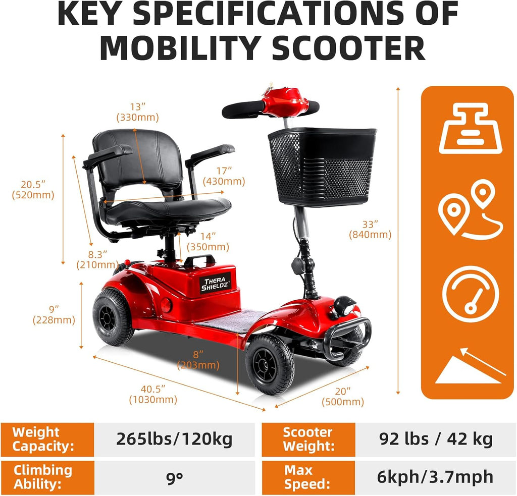 Red Foldable 4 Wheel Mobility Scooter with Basket and Light P832494