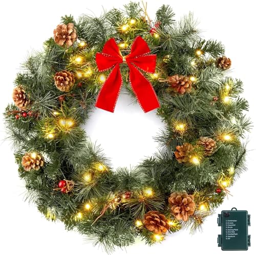 24 Inch Prelit Christmas Wreath with Pine Needles Branches Red Berry Pine Cones P733