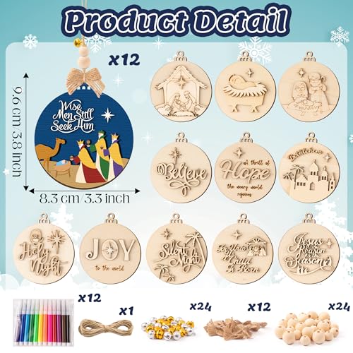 12 Styles Unfinished Wooden Christmas Ornaments Kit with Paint Pens K235916