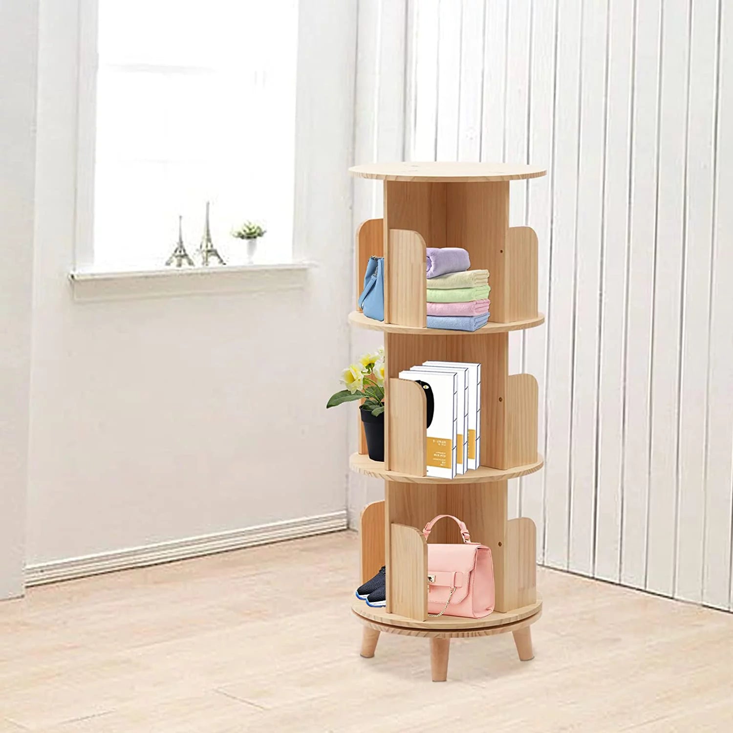 Wooden Rotating Bookshelf with 4 Legs Floor Standing Bookcase 3 Tiers M799757