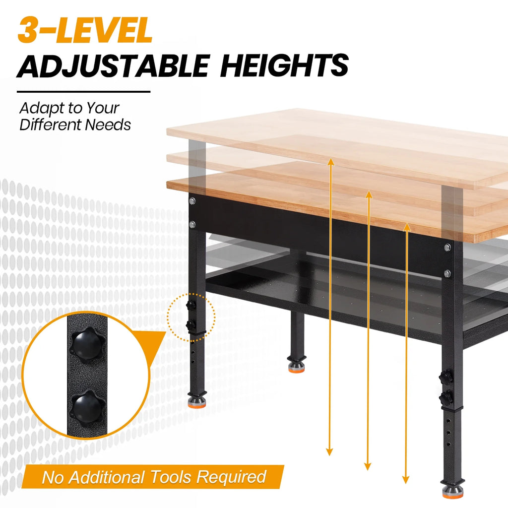 48" Adjustable Heavy-Duty Workbench with Rubber Wood Top J8247
