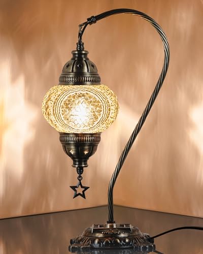 Turkish Moroccan Mosaic Table Lamp Handcrafted Tiffany-Style Colorful Glass Swan Neck Bedside Desk Table Light Boho Artisan Accent Lighting 15" H Black White W746591