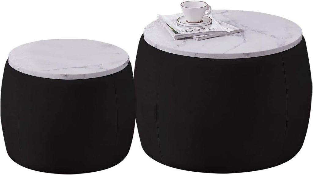 Black Round Coffee Table Set of 2 Nesting Storage Ottoman Velvet Fabric R958241