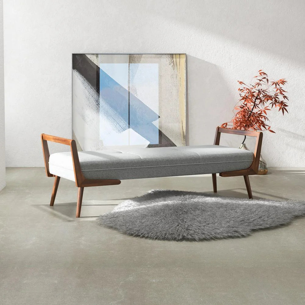 Poppy Gray Tufted Fabric Bench with Walnut Wood Legs V671612