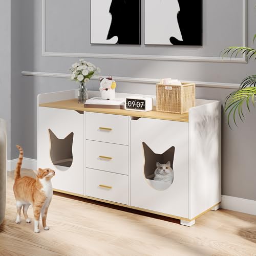 White Wooden Cat Litter Box Enclosure with Drawers, 55" L x 19.7" W x 31.5" H R3956